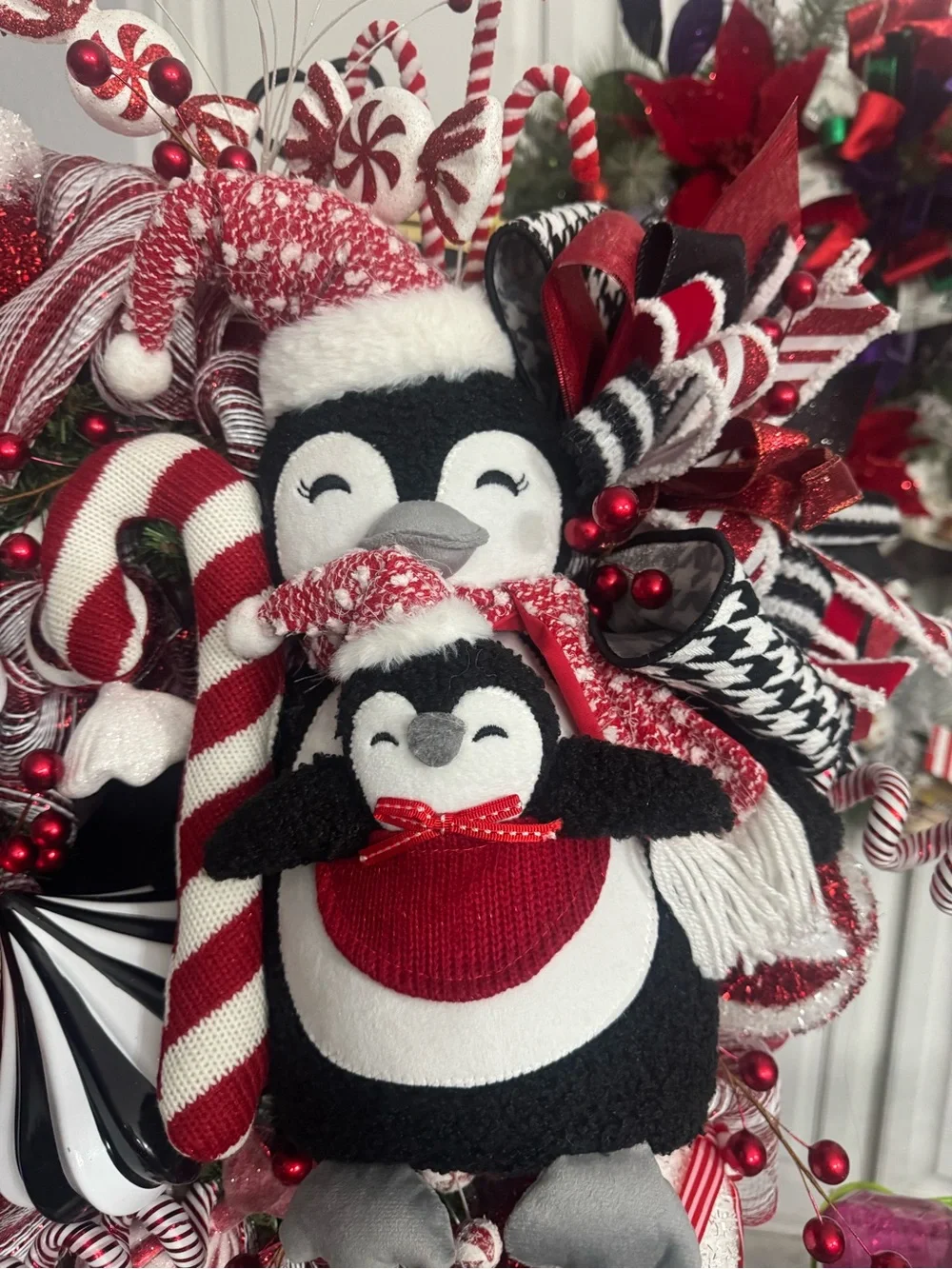 Festive Penguin Holiday Wreath in Red, White & Black